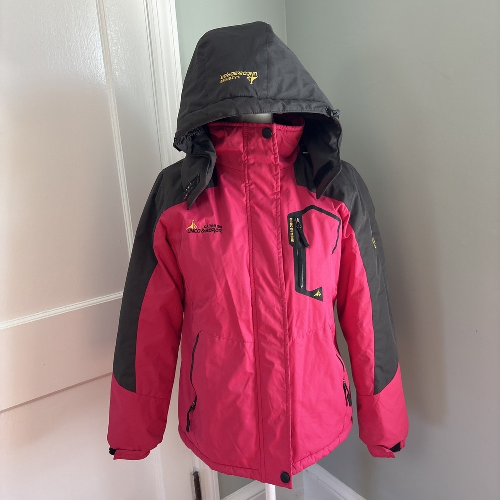 Unco & Boror Women's Size XL Pink & Black Down Hooded Parka Jacket Coat Hooded